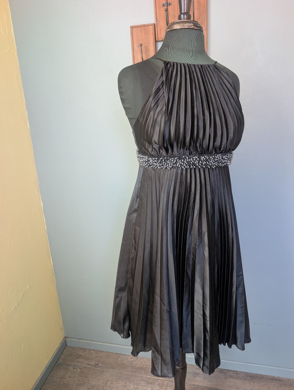 Vintage Betsey Johnson Black Pleated Halter Midi Dress With Beaded Waist